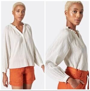 JOIE Elza White Metallic Gold Stripe Cotton Blouse V-Neck Ruffles Sheer Top S SM